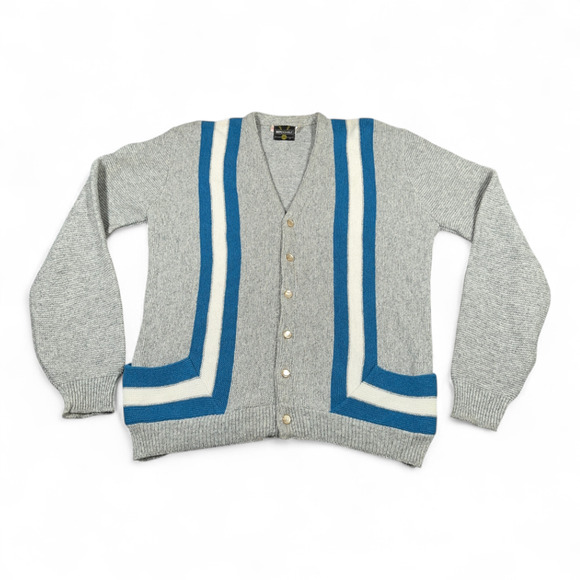 Vintage Diplomat Sweater Adult MEDIUM Gray Cardigan Striped Orlon Knit USA 60s - Picture 1 of 9